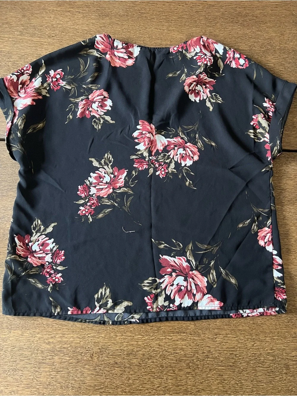 Women’s Black Floral V-Neck Blouse - Red Floral Print - Picture 5 of 5